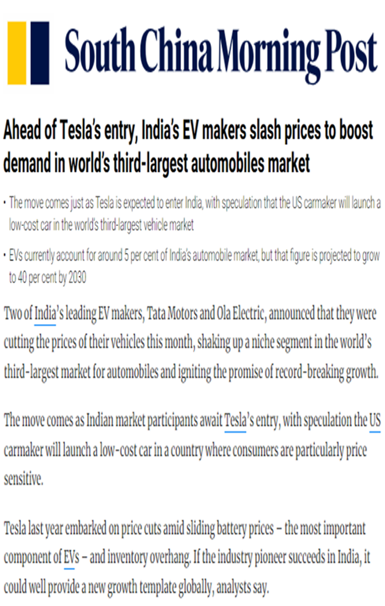 Thirumalai NC quoted on building an EV ecosystem in India in an article in South China Morning Post