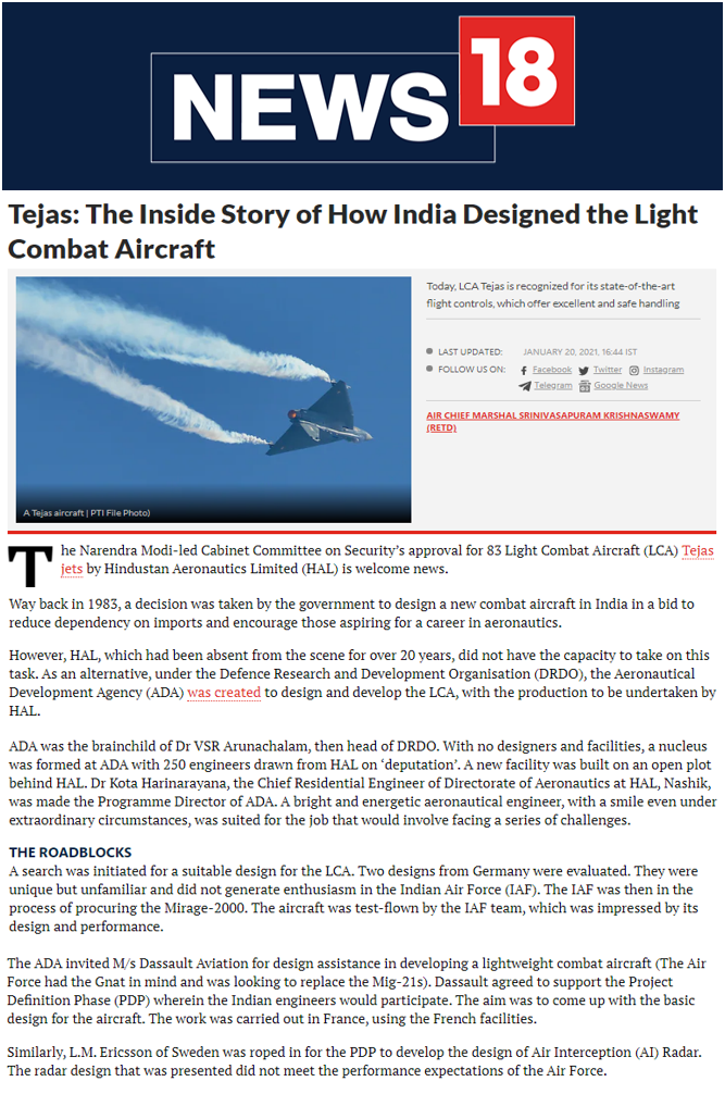 CSTEP Founder and Chairman Dr V S Arunachalam Mentioned in an Article on India's Light Combat Aircraft, Tejas