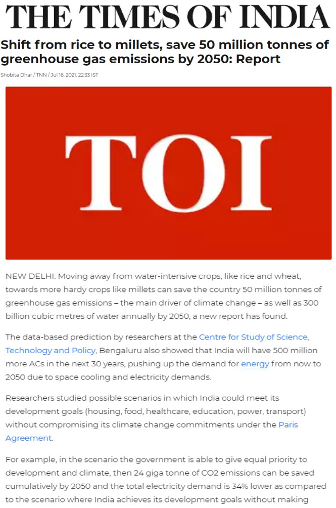 The Times of India Publishes an Article on CSTEP's Report: Energy and Emissions Implications for a Desired Quality of Life in India