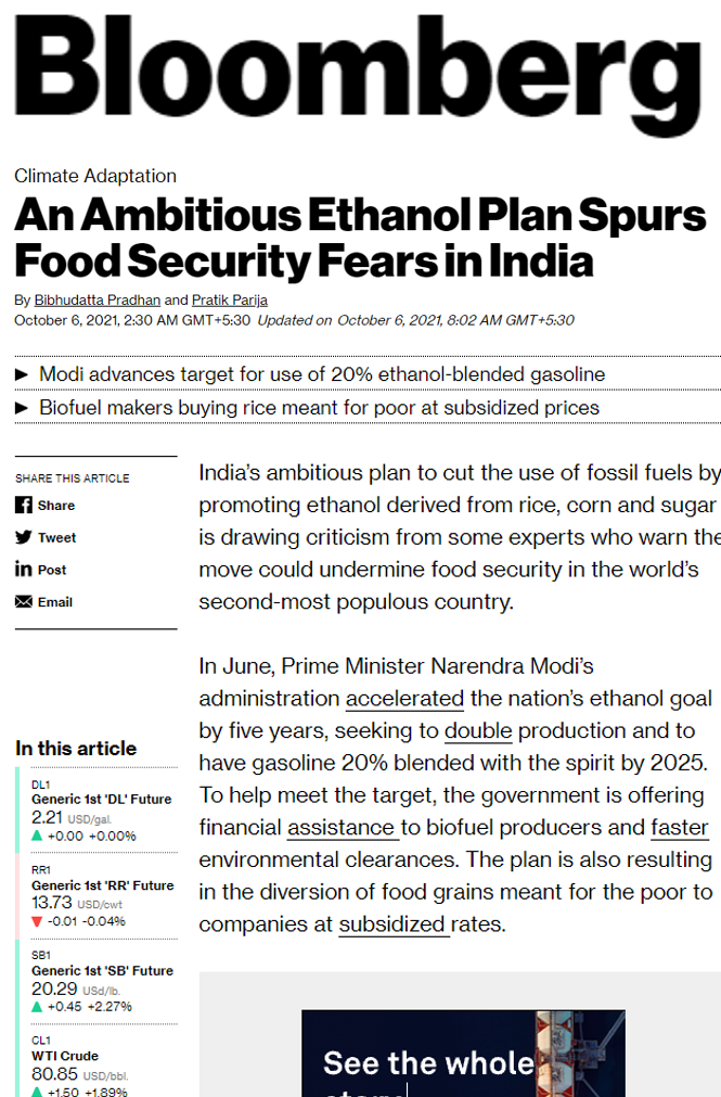 CSTEP Researcher Ramya Natarajan Quoted by Bloomberg on India’s Ethanol Plan