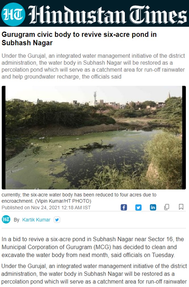 Dr Indu K Murthy Quoted by Hindustan Times on Pond Restoration in Gurugram
