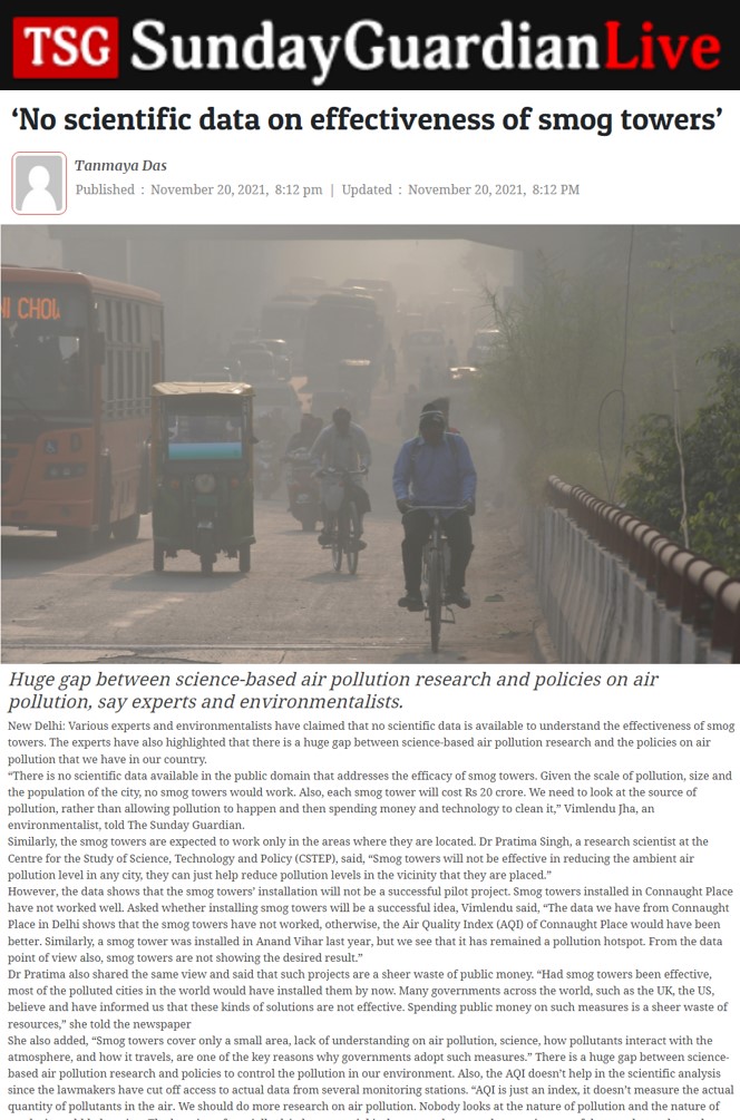 Dr Pratima Singh Quoted by the Sunday Guardian on the Efficiency of Smog Towers