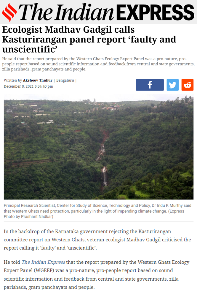 Dr Indu K Murthy Quoted by The Indian Express on the Western Ghats