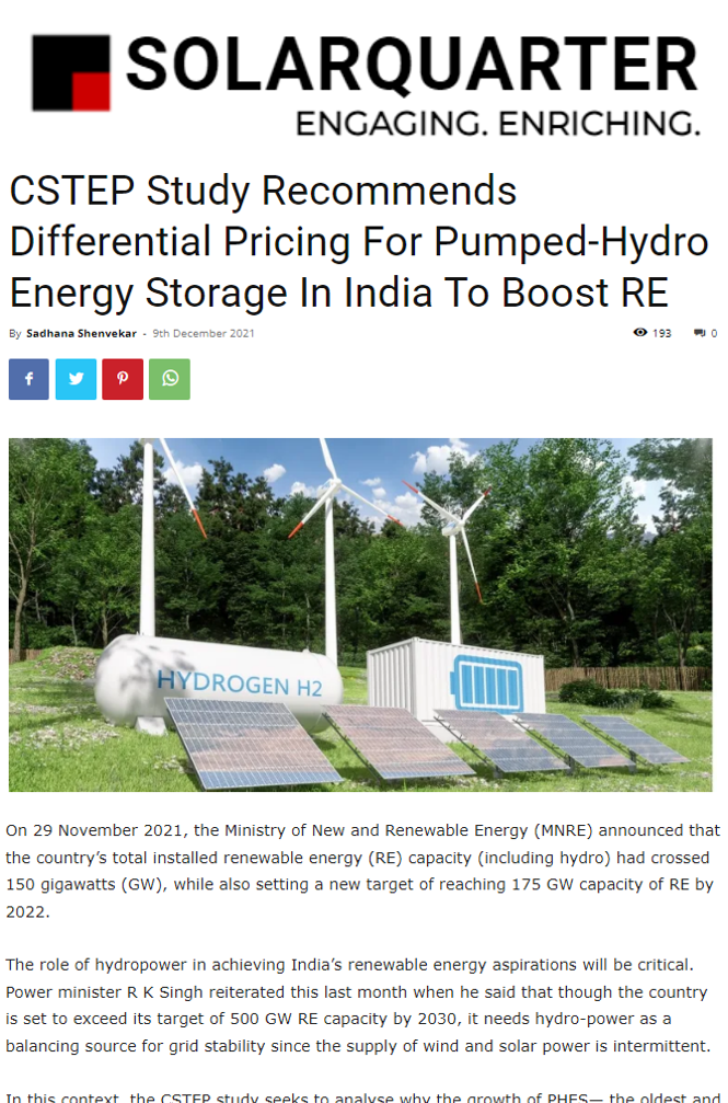 CSTEP's Study on Differential Pricing Mechanism of Pumped-Hydro Energy Storage Covered by the Solar Quarter