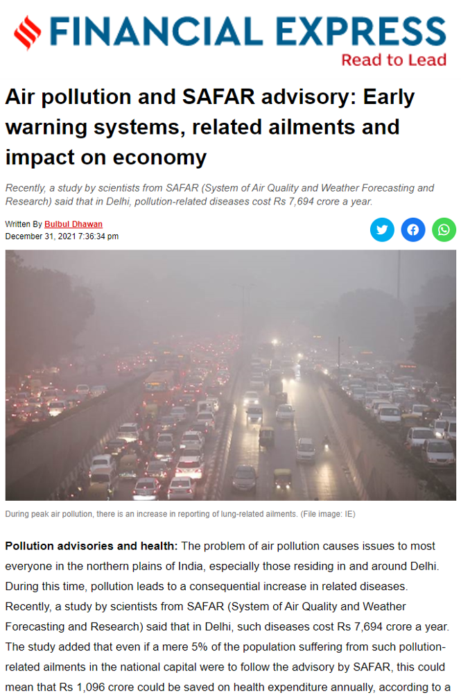 Dr Pratima Singh Quoted by the Financial Express on the Accuracy of Early Warning  Systems for Air Pollution