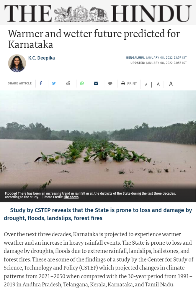 CSTEP's Study on District-Level Changes in Climate Change in Karnataka Covered by The Hindu
