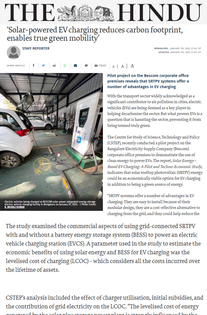 CSTEP's Study on Solar Energy-Based EV Charging Stations Covered by The Hindu