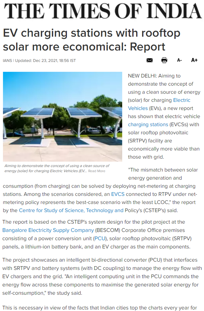 CSTEP's Study on Solar Energy-Based EV Charging Stations Covered by The Times of India