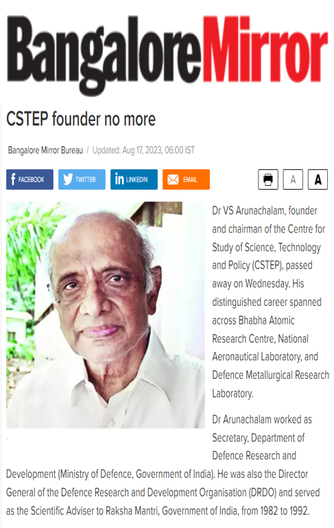 Dr VS Arunachalam, Founder & Chairman of CSTEP, no more