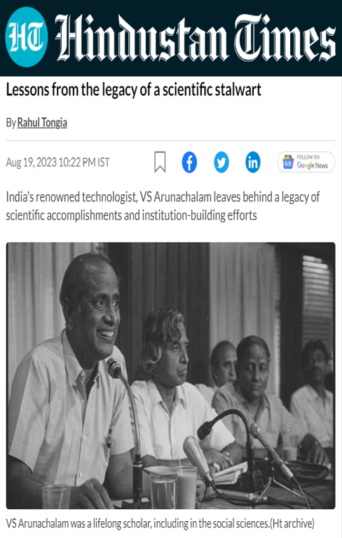 CSTEP mentioned in an article on Dr VS Arunachalam in Hindustan Times