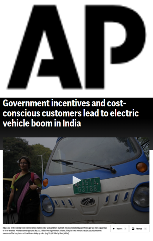 Thirumalai NC was quoted by the Associated Press on the viability of electric vehicles