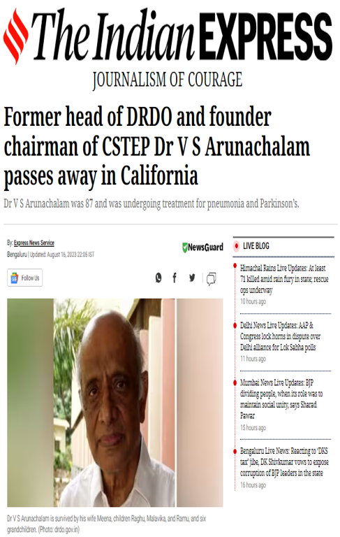 Founder–Chairman of CSTEP, Dr VS Arunachalam, passes away