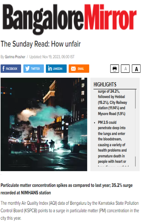R Subramanian quoted on the increasing air pollution in Bengaluru in an article in Bangalore Mirror