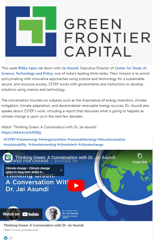 Jai Asundi spoke about climate change and decentralised renewable energy sources in an interview with Green Frontier Capital 