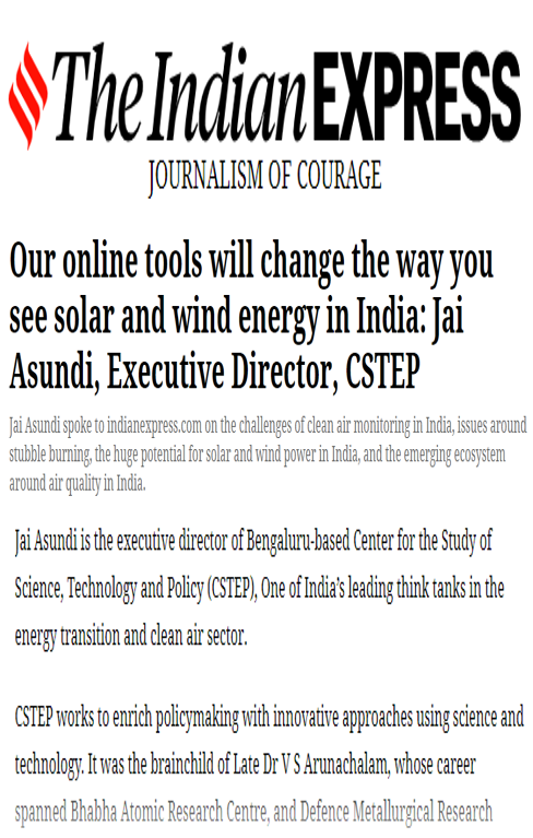 Jai’s interview on CSTEP’s online tools for solar and wind published in The Indian Express