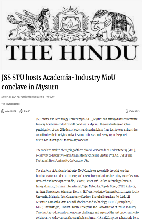 CSTEP’s collaborative endeavour at the Academia–Industry MoU Conclave, Mysuru, mentioned in an article in The Hindu