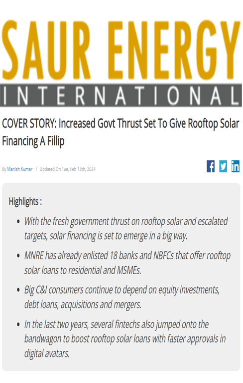 Saptak Ghosh’s quote on the increased government thrust on rooftop solar mentioned in an article in Saur Energy