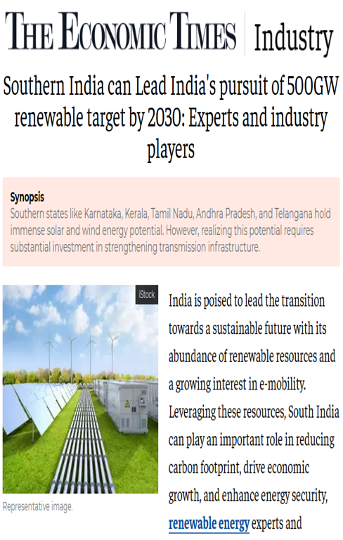 CSTEP’s study on the solar and wind potential of southern states mentioned in an article in The Economic Times