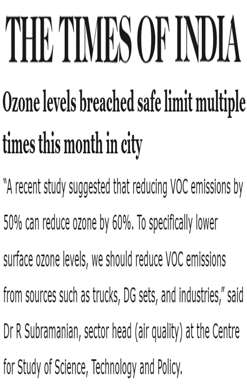 R Subramanian quoted on ways to reduce ozone levels in an article in the Times of India