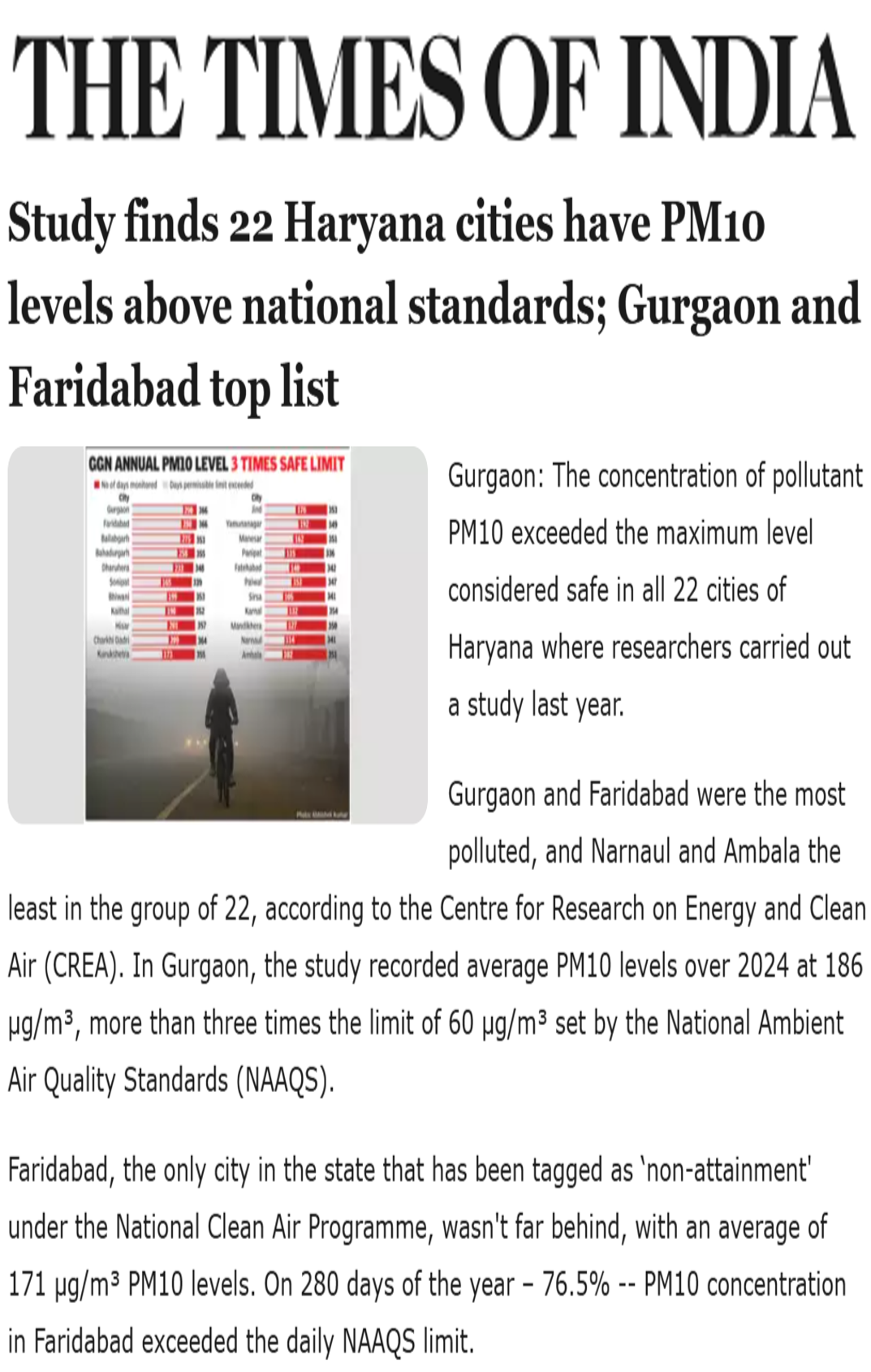 R Subramanian quoted on high levels of air pollution across India in an article in The Times of India