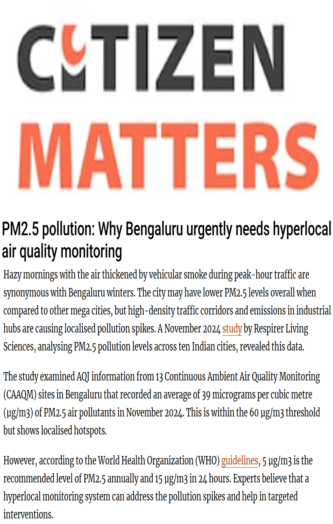 R Subramanian quoted on Bengaluru’s air pollution and CSTEP’s study on Bengaluru’s air pollution mentioned in Citizen Matters