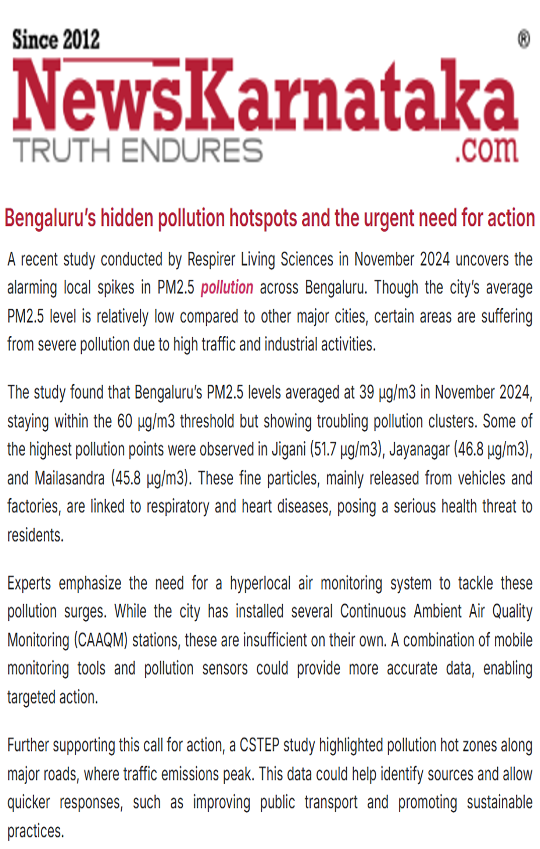 CSTEP’s study highlighting pollution hotspots along Bengaluru’s major roads mentioned in an article in News Karnataka