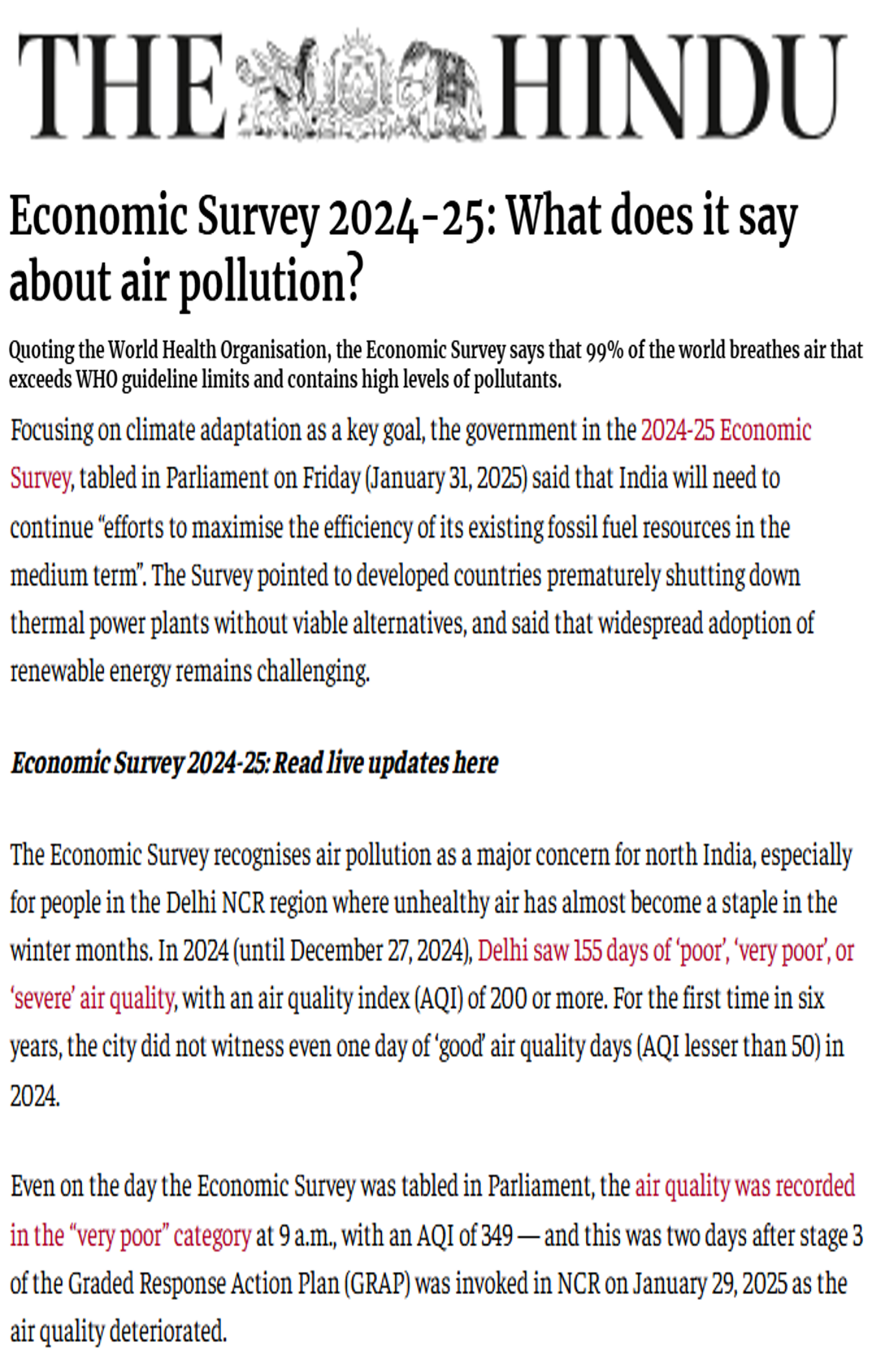 R Subramanian quoted on the results of the Economic Survey on air pollution in an article in The Hindu