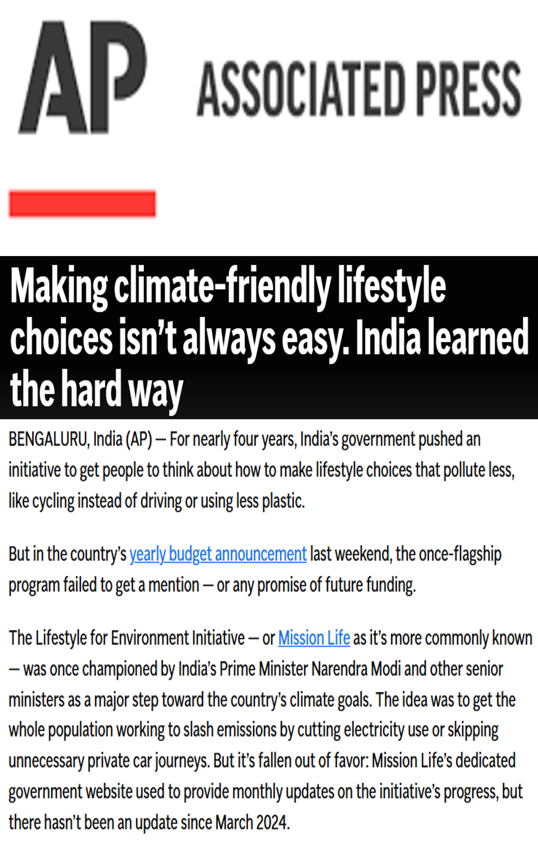 Ramya Natarajan quoted on how initiatives such as Mission Life are influencing changes in public behaviour in an article in the Associated Press