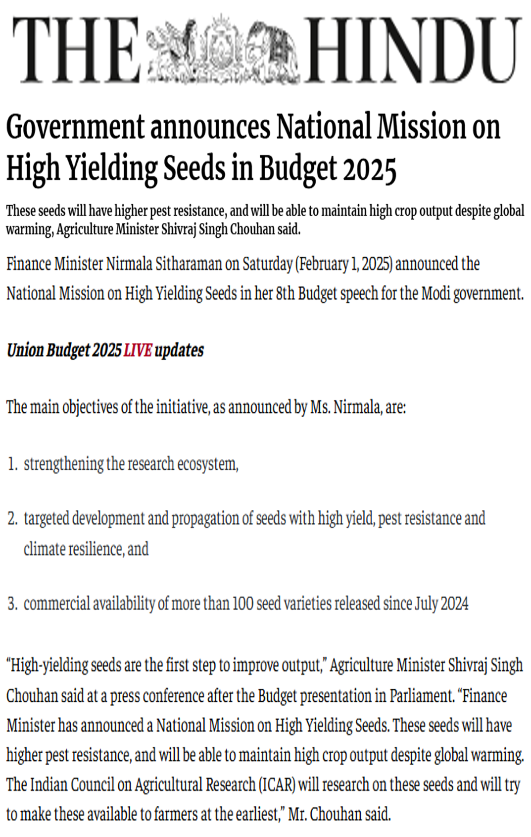 Suresh NS quoted on the benefits of high-yielding seed varieties in an article in The Hindu