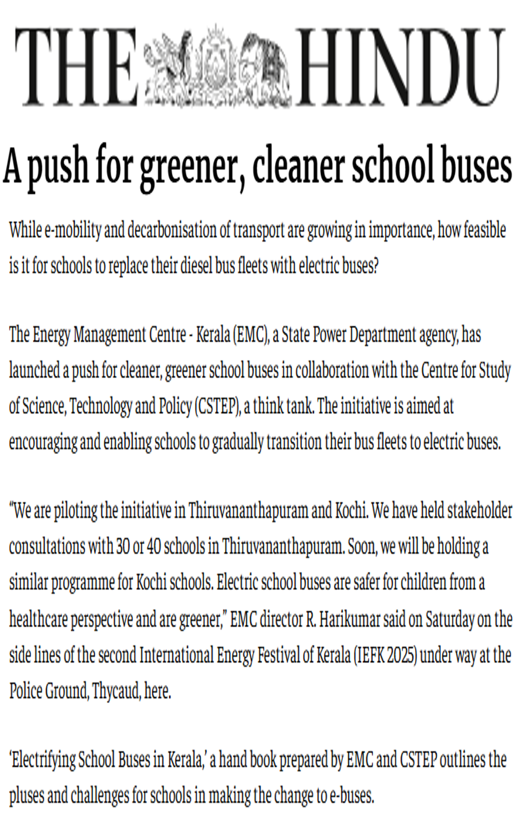 Handbook on electrifying school buses in Kerala prepared by EMC and CSTEP mentioned in an article in The Hindu