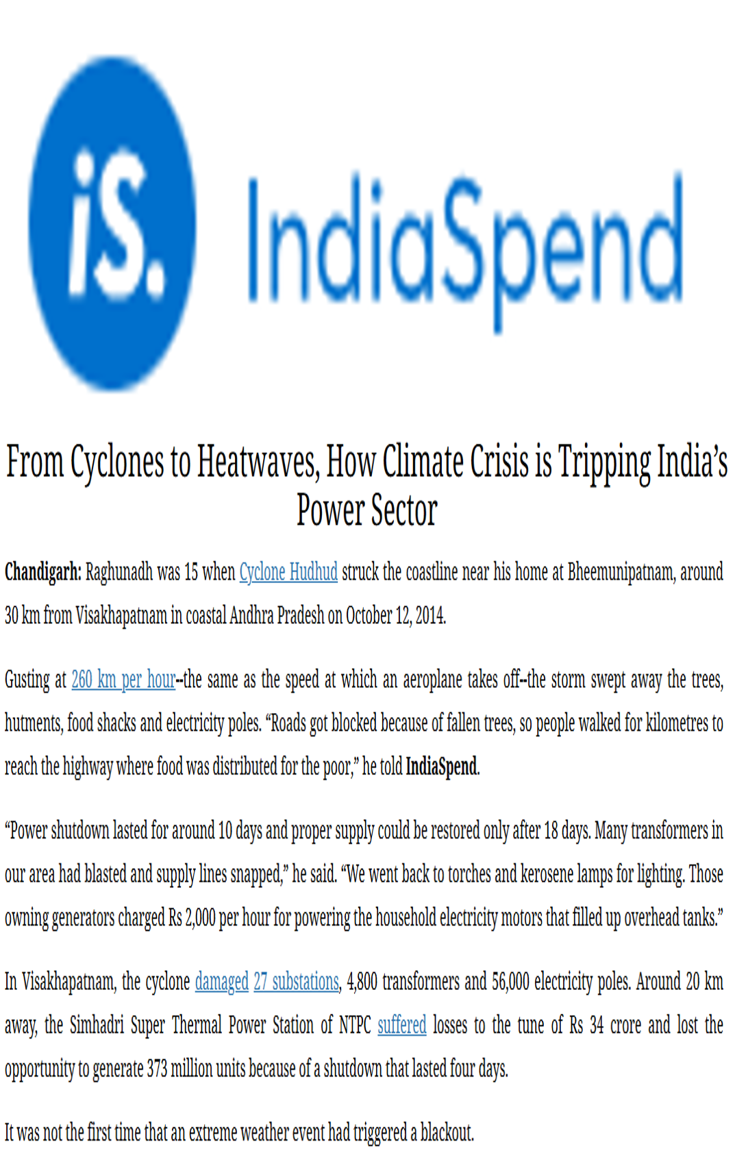 Tashina Madappa Cheranda quoted on the vulnerability of thermal plants to future climate risks in an article in IndiaSpend