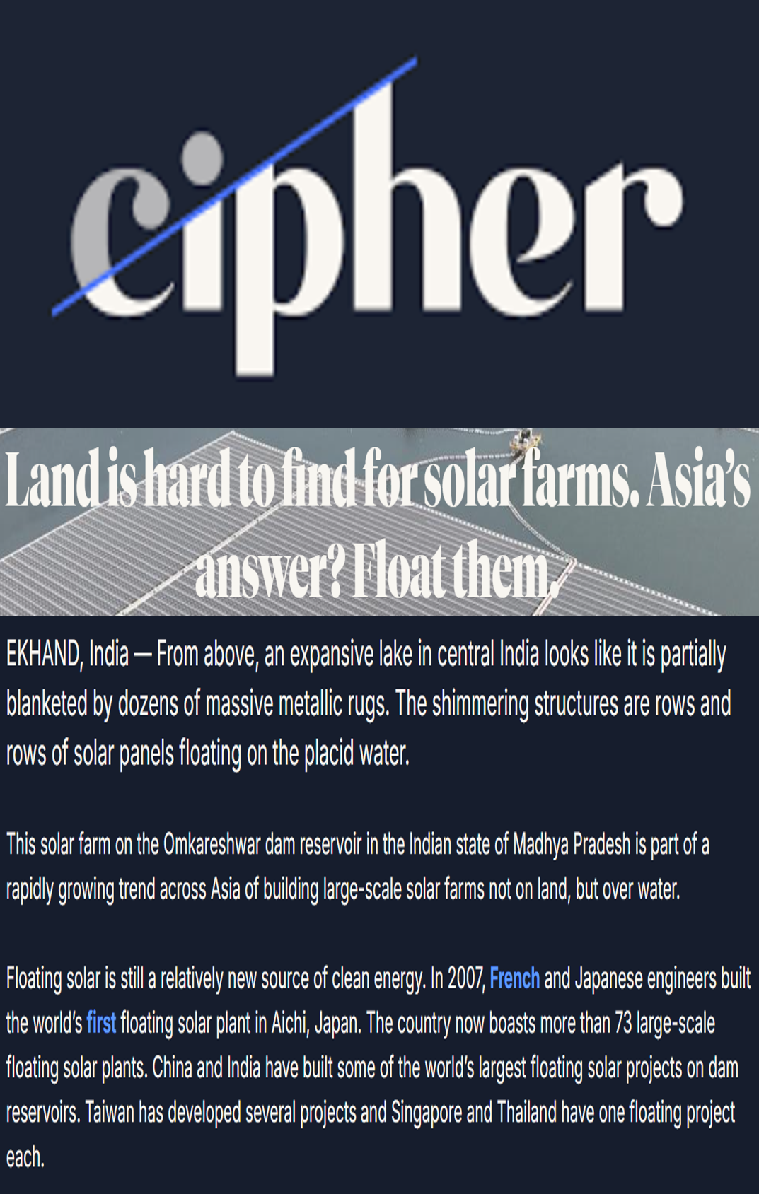 Saptak Ghosh quoted on the potential of floating solar farms in an article in Cipher