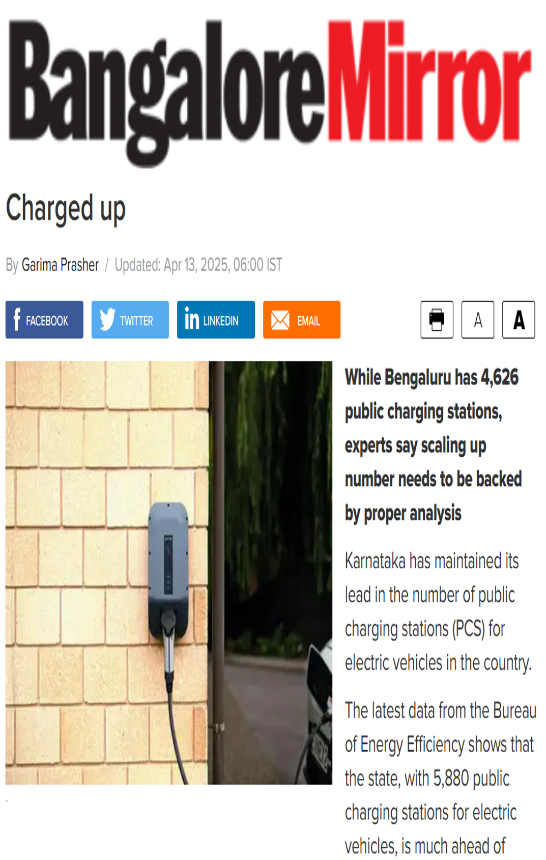 Vivek Gavimath quoted on the requirement of public charging stations in Bengaluru to meet the rising demand from EVs in Bangalore Mirror 