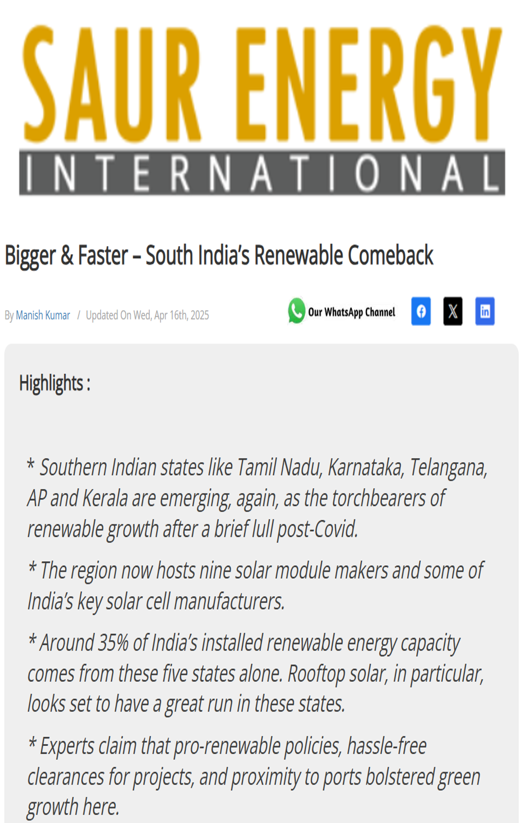 Saptak Ghosh quoted on why Karnataka could achieve high targets of renewable energy in an article in Saur Energy