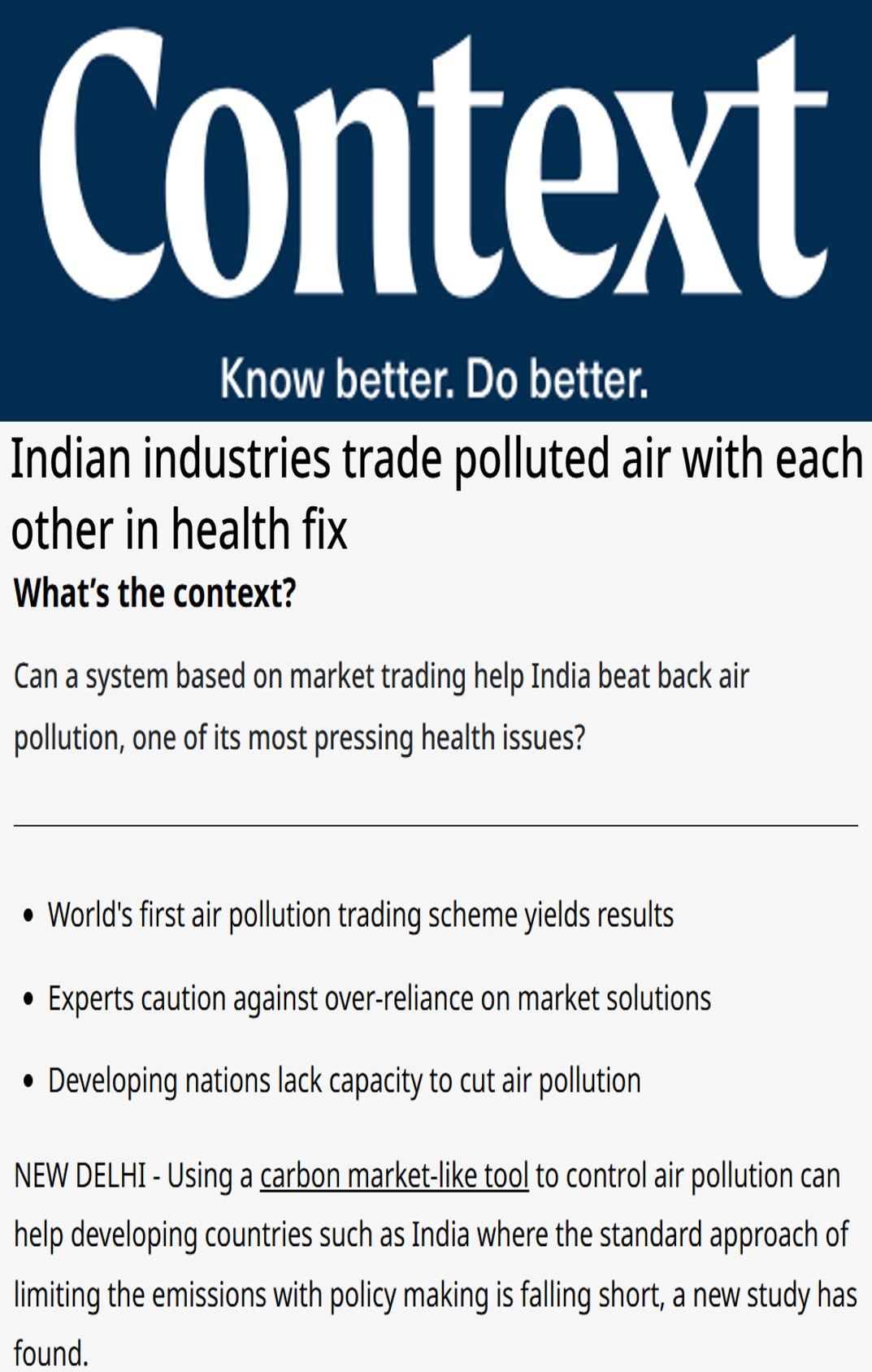 Swagata Dey quoted on the emission trading scheme in an article in the Context