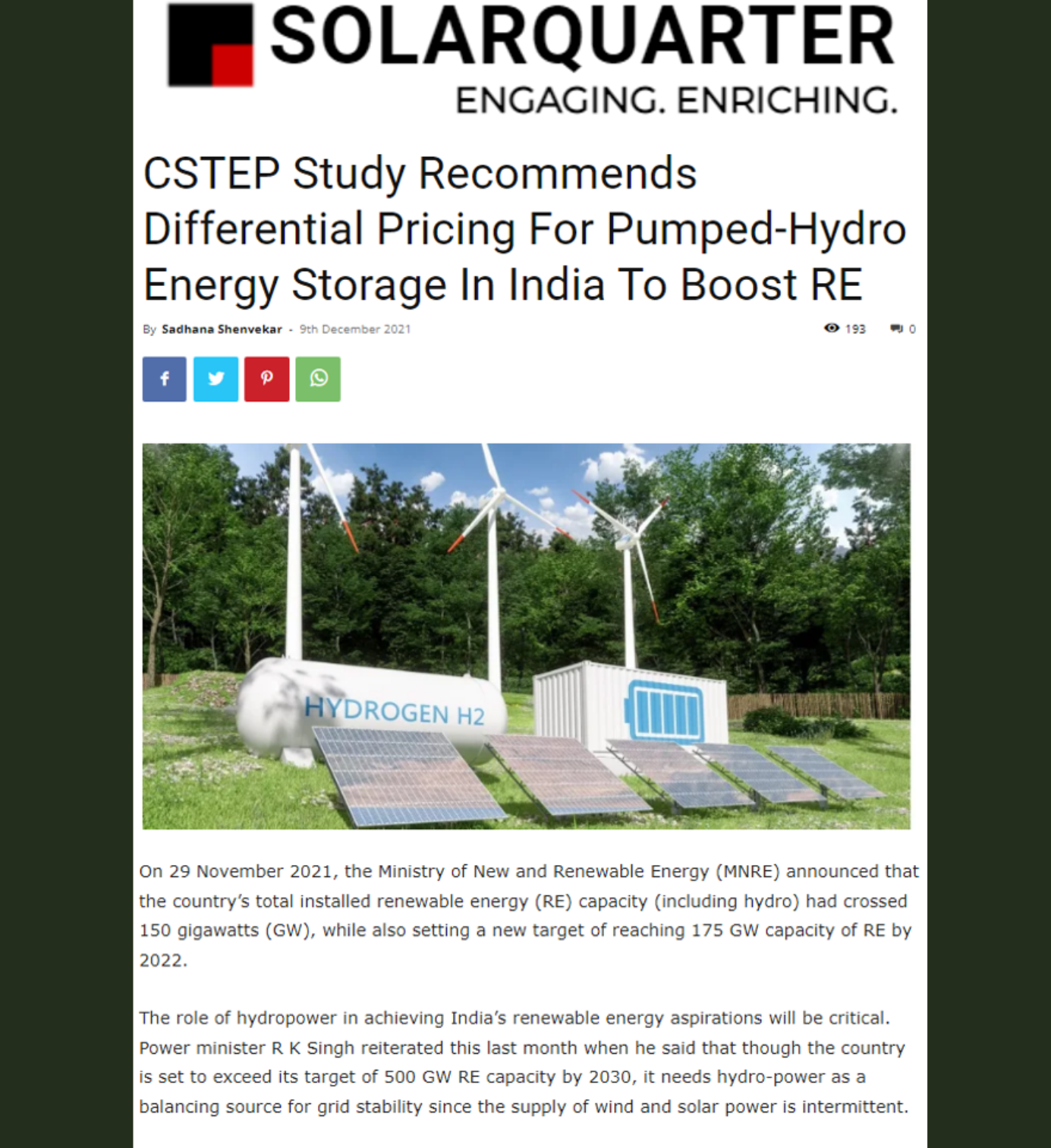 CSTEP’s Study on Differential Pricing Mechanism of Pumped-Hydro Energy Storage Covered by the Solar Quarter