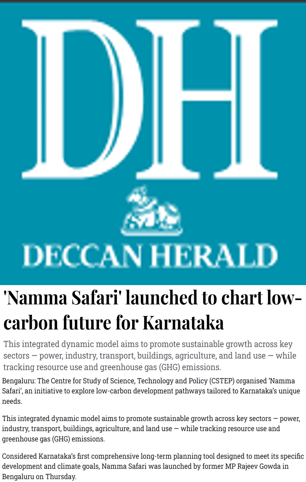 CSTEP’s Namma SAFARI covered by Deccan Herald
