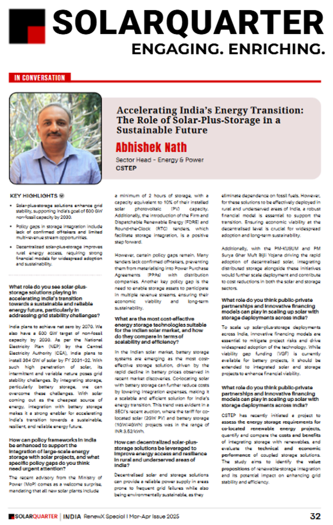 Abhishek Nath’s interview on the role of solar-plus-storage published in Solar Quarter