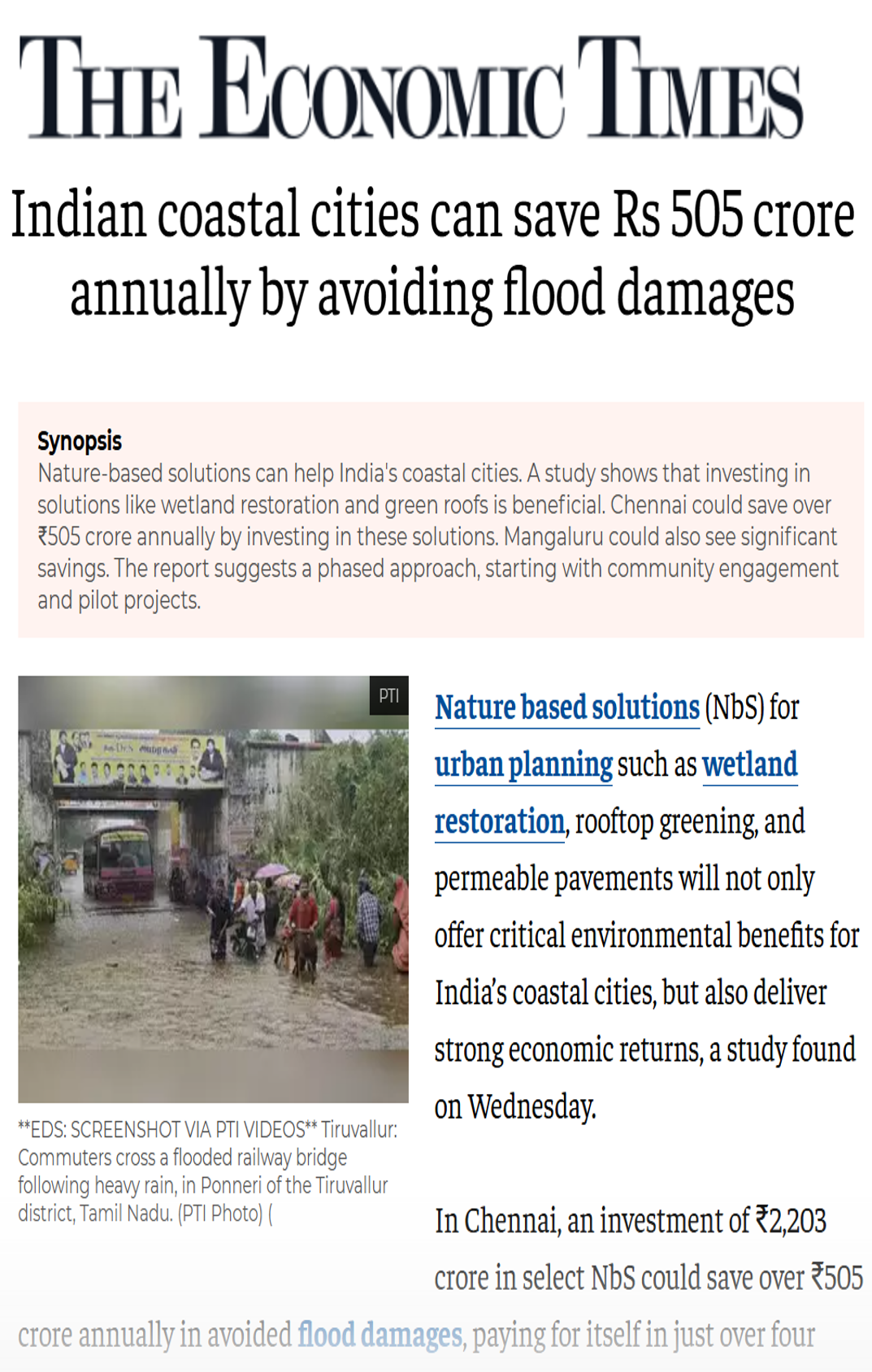CSTEP’s report ‘Urban Greenprints: A Nature-based Solutions Feasibility Framework for Urban Coastal Regions’ covered by The Economic Times