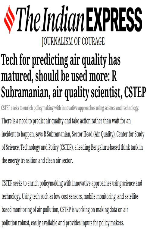 R Subramanian’s interview on CSTEP’s vision to enrich policymaking with innovative approaches using science and technology published in the Indian Express