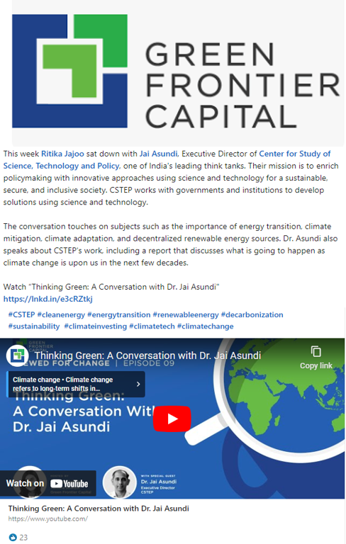 Jai Asundi spoke about climate change and decentralised renewable energy sources in an interview with Green Frontier Capital