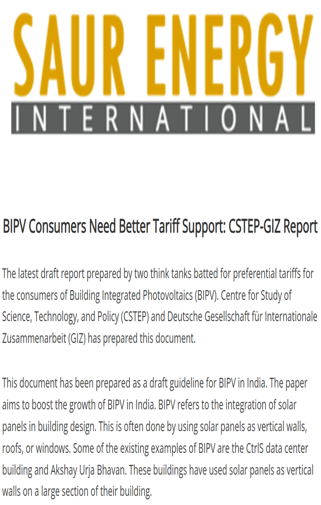 CSTEP–GIZ report on BIPV draft guideline mentioned in an article in Saur Energy
