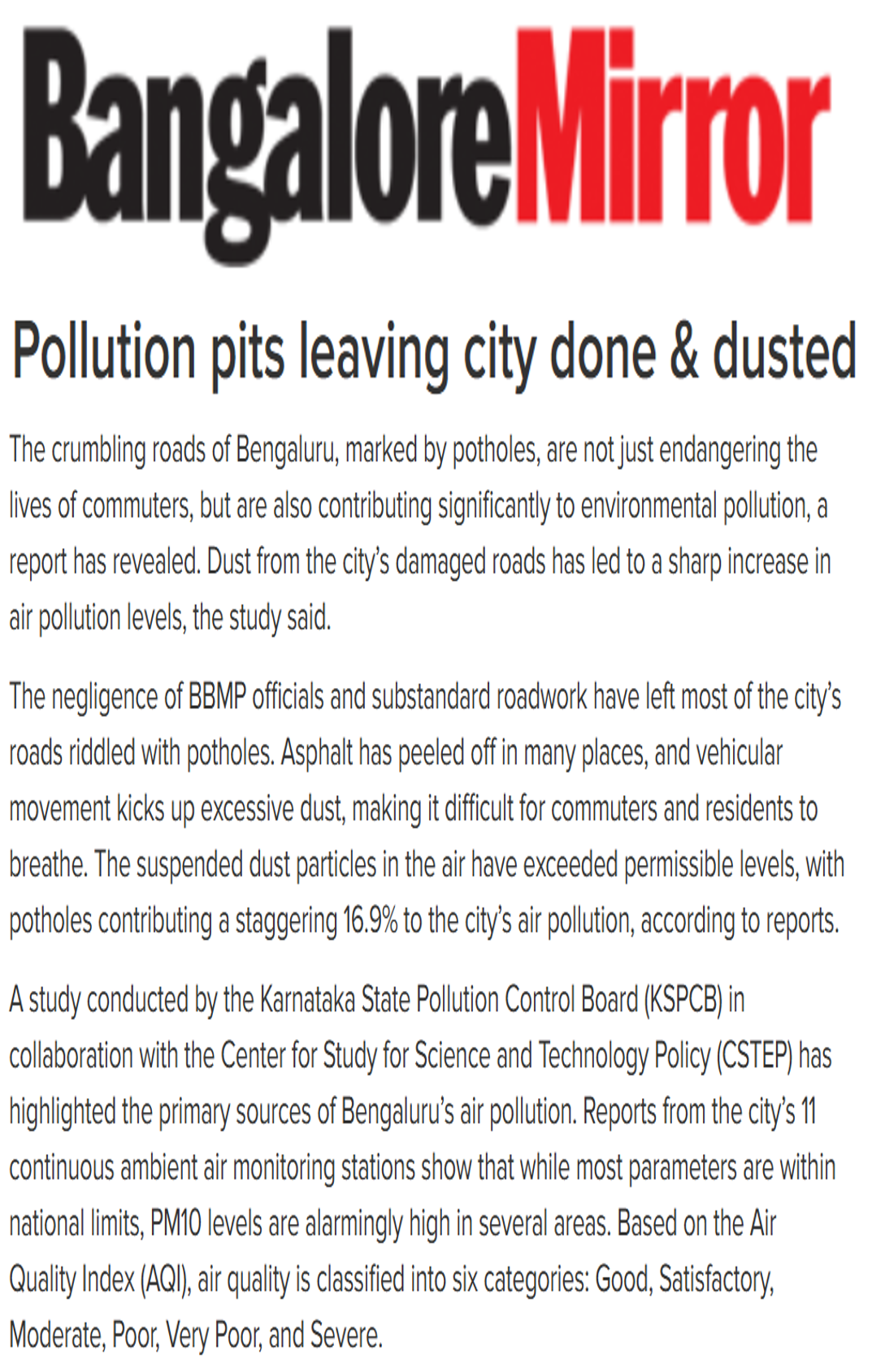 CSTEP’s study on Bengaluru’s air pollution mentioned in an article in Bangalore Mirror