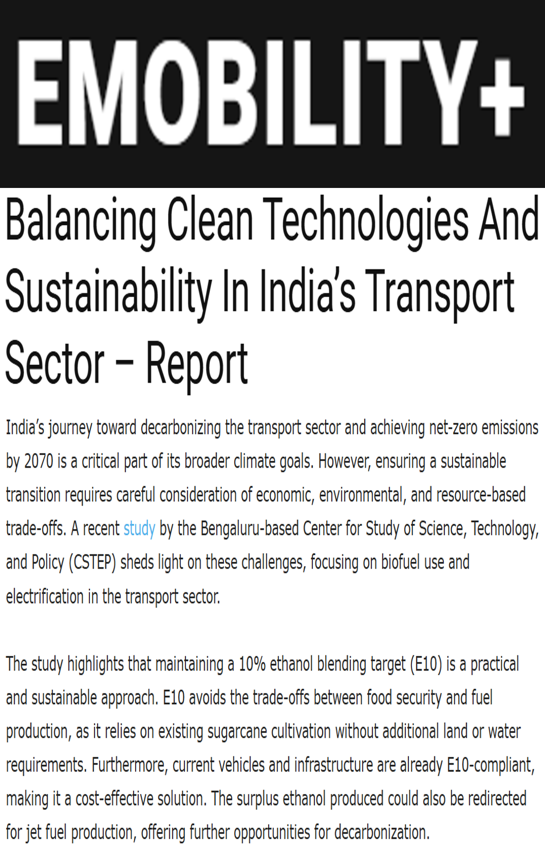 CSTEP’s report ‘Decarbonising India’s Transport Sector: Navigating Trade-offs of Biofuel Use and Electrification’ covered by Emobility+