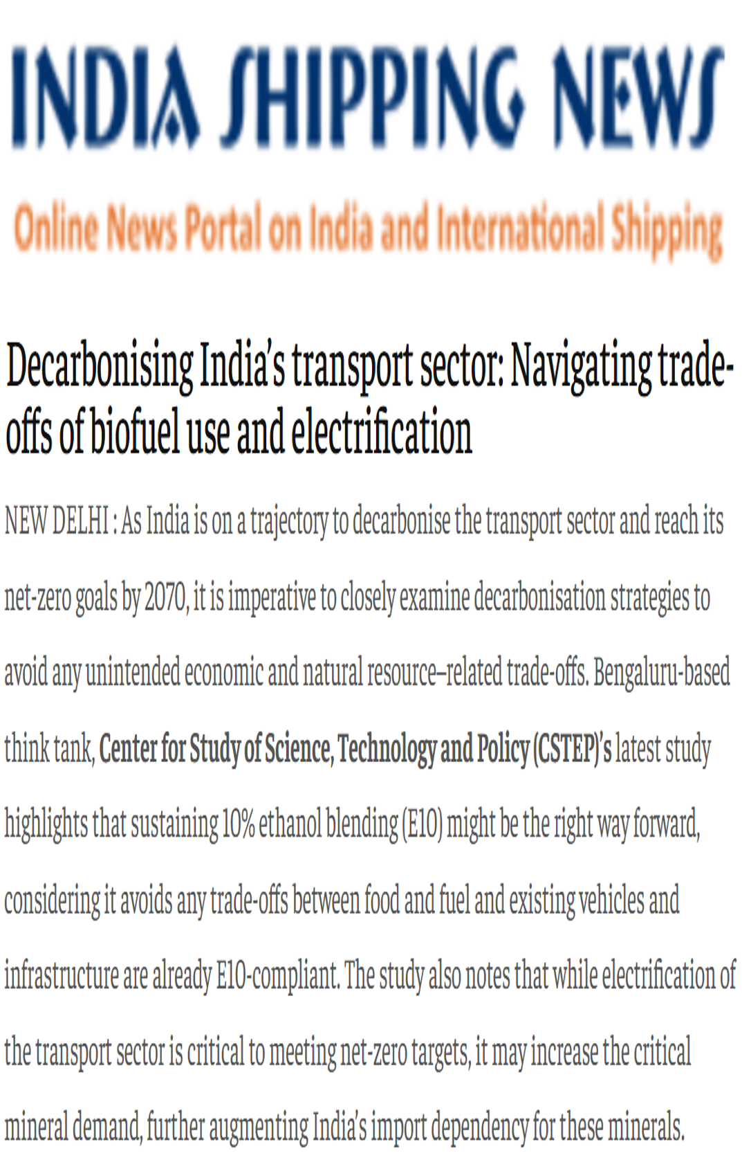 CSTEP’s report ‘Decarbonising India’s Transport Sector: Navigating Trade-offs of Biofuel Use and Electrification’ covered by India Shipping News