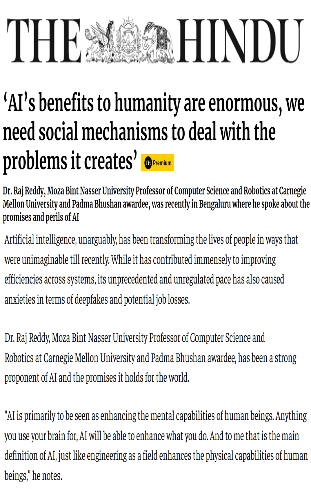 Dr Raj Reddy’s talk on Promise and Perils of AI at CSTEP’s V S Arunachalam Memorial Lecture covered by The Hindu