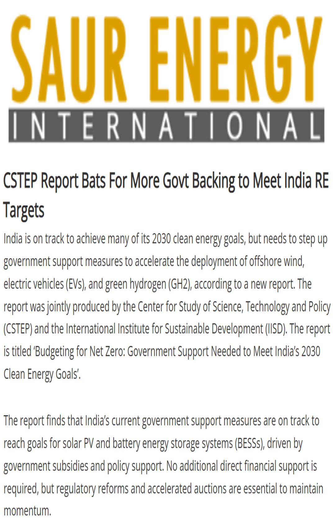 CSTEP’s report ‘Budgeting for Net Zero: Government Support Needed to Meet India’s 2030 Clean Energy Goals’ covered by Saur Energy