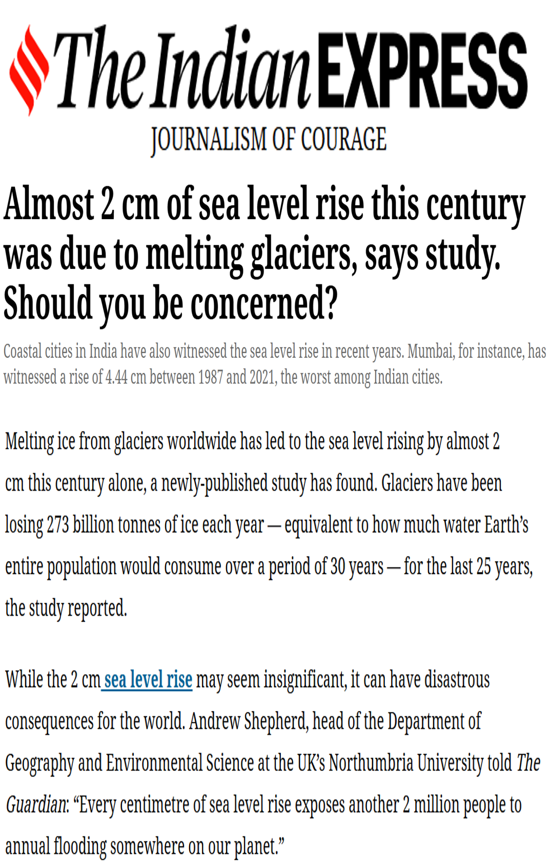 CSTEP’s study on sea level rise mentioned in an article in The New Indian Express