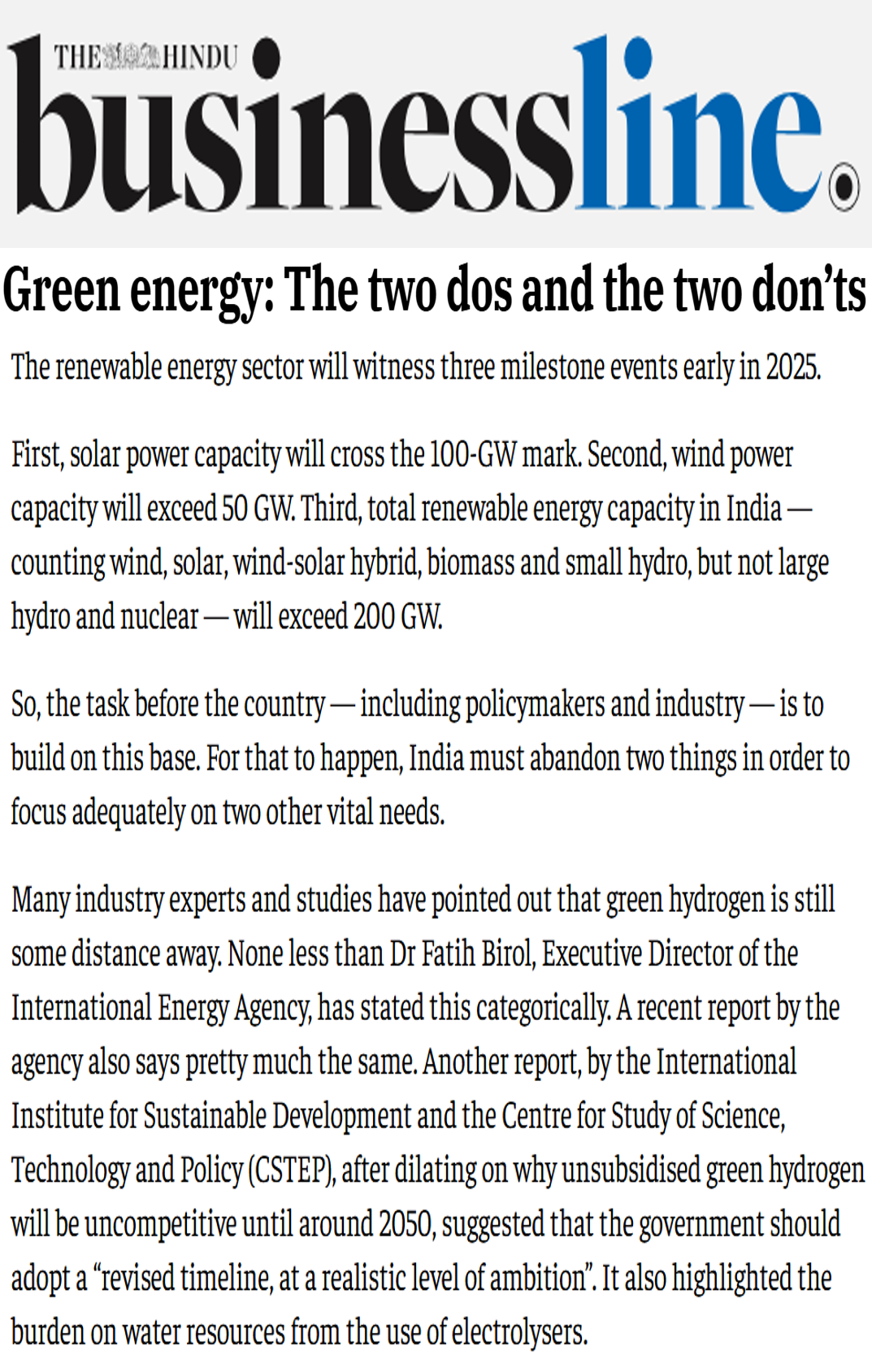 CSTEP and IISD study ‘Budgeting for net zero: Government support needed to meet India’s clean energy goals’ mentioned in The Hindu Business Line