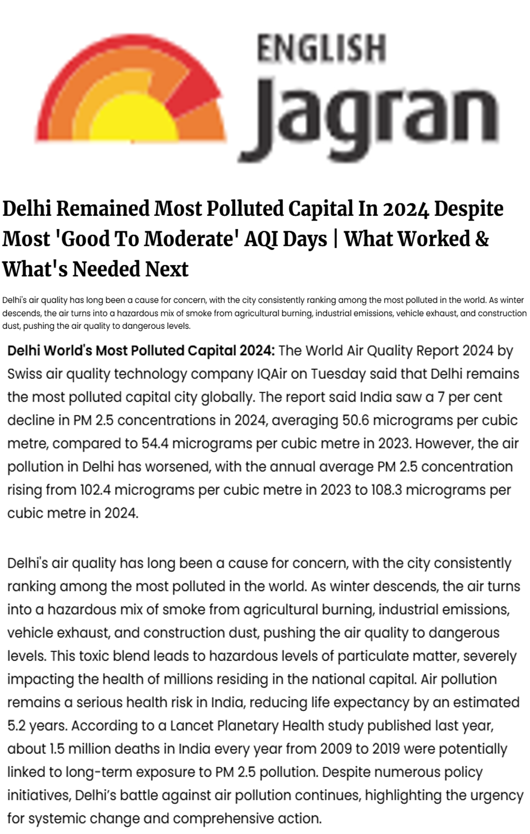 R Subramanian discusses various aspects of Delhi’s air pollution crisis in an article in English Jagran